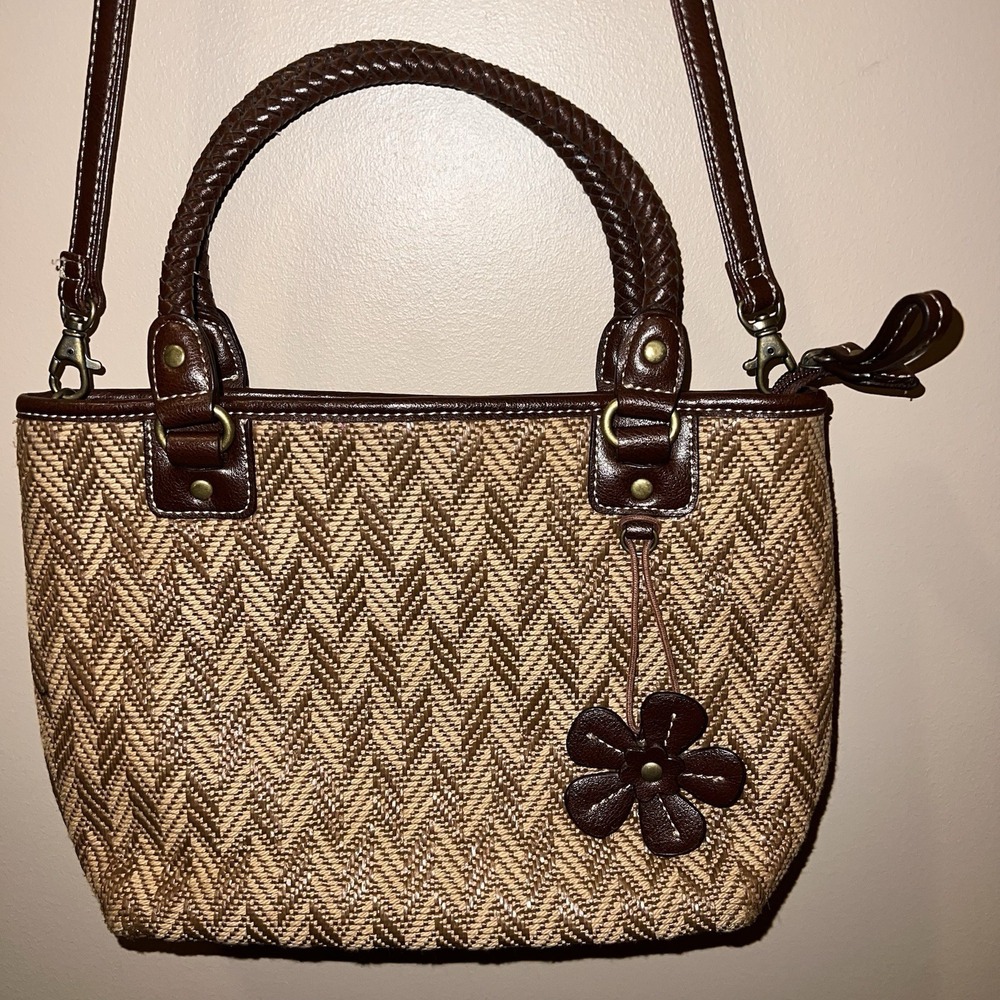 Woven Straw Raffia Purse Hand Bag Shoulder Brown Trim Vintage Crossbody Handle